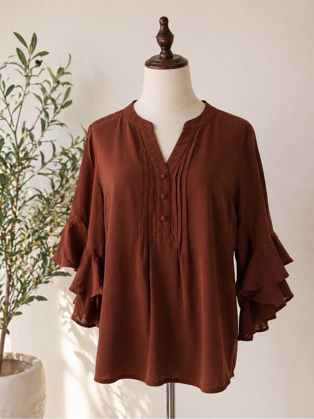 Women's Brown Ruffle Sleeve V-Neck Blouse NWT